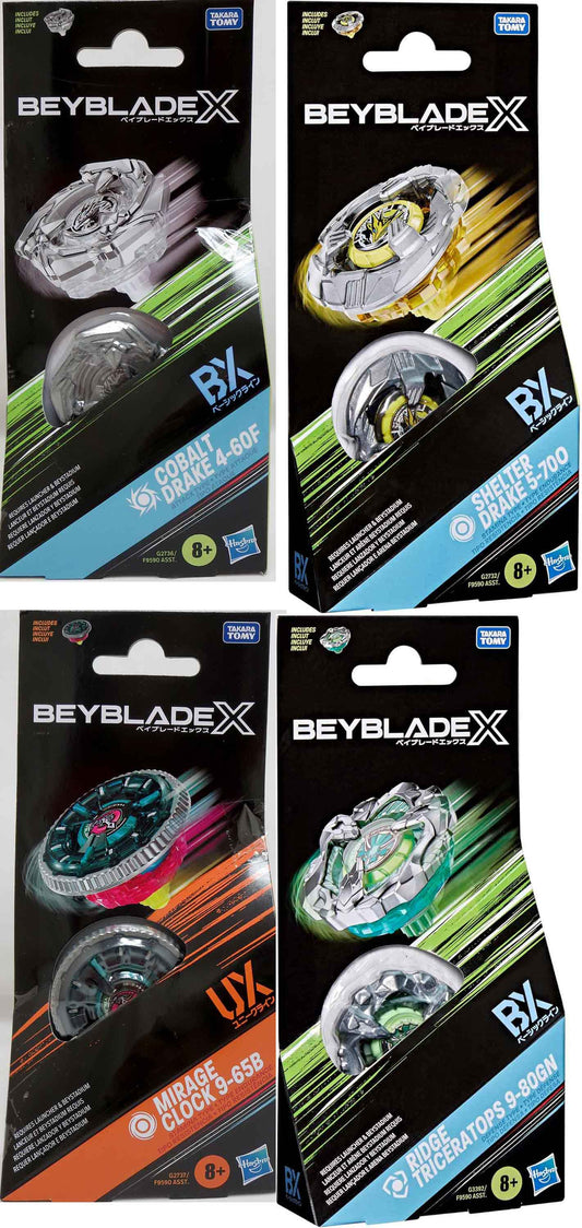 Beyblade X Booster Pack - Set of 4 Mirage Clock, Shelter Drake, Cobalt Drake, Ridge (Package F9590AS08)